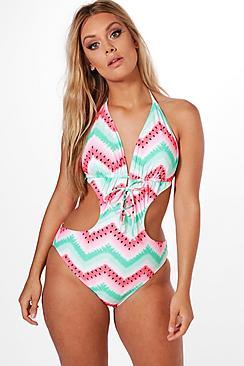Boohoo Plus Lucia Watermelon Print Halterneck Swimsuit
