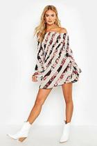 Boohoo Off The Shoulder Shirred Top Printed Skater Dress