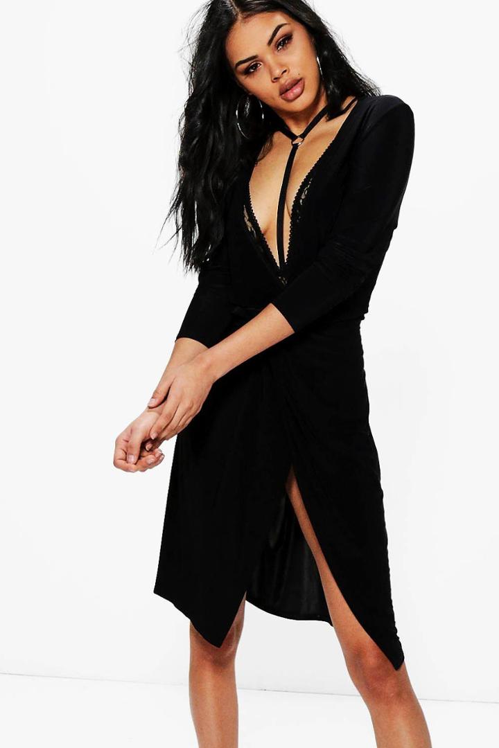 Boohoo Rachel Slinky Knot Front Midi Dress Black