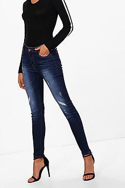 Boohoo Kat Distressed Mid Rise Skinny Jeans
