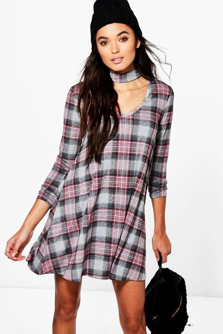 Boohoo Sasha Choker Check High Neck Swing Dress Multi
