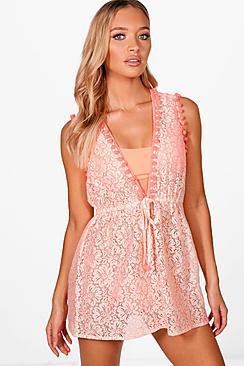 Boohoo Rose Pom Pom Lace Beach Dress