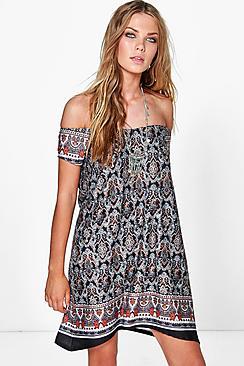 Boohoo Amy Boho Paisley Printed Cold Shoulder Dress