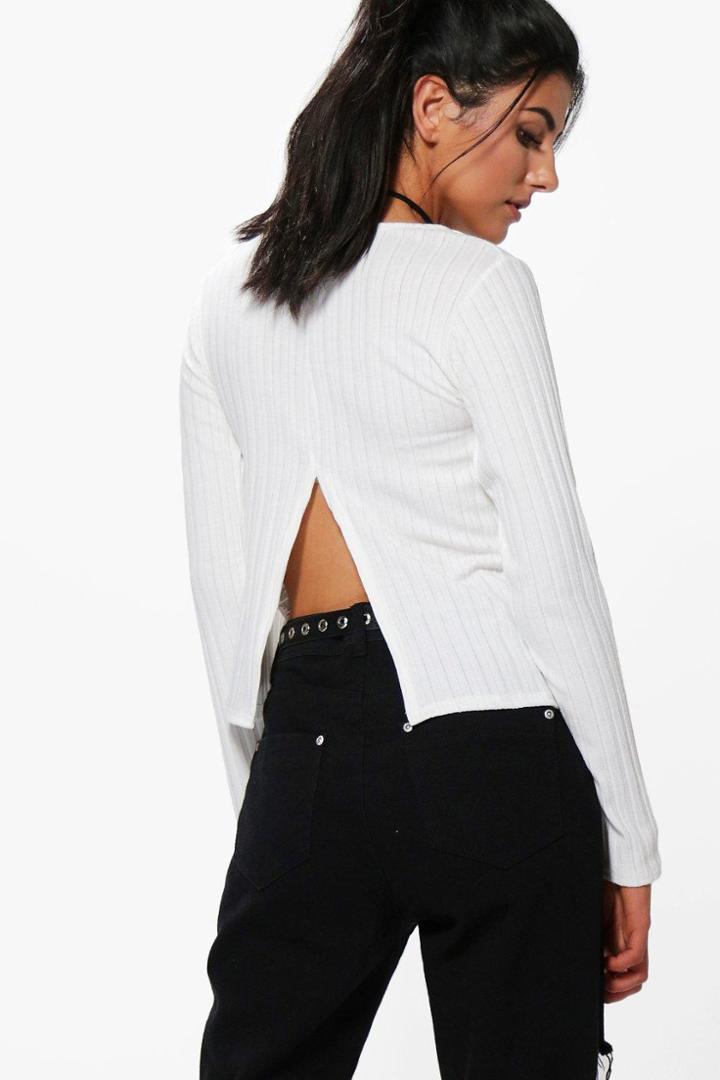 Boohoo April Rib Split Back Long Sleeve Crop Top Ivory