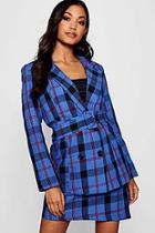 Boohoo Woven Check Double Breasted Belted Longline Blazer