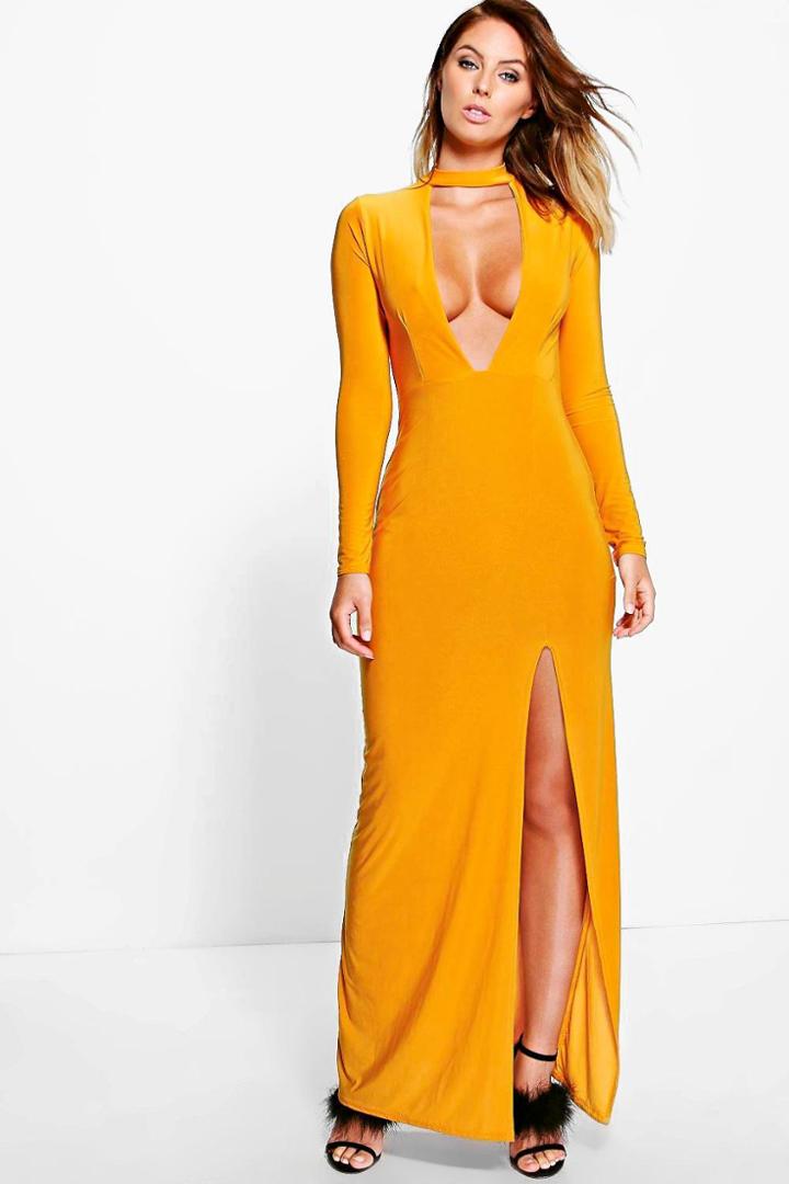Boohoo Rezy Choker Long Sleeved Slinky Maxi Dress Turmeric
