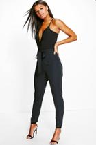 Boohoo Luna Tie Waist Woven Satin Slimline Trousers Black