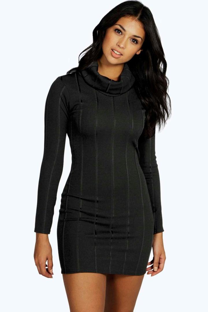 Boohoo Hallie Oversized Roll Neck Rib Dress Black