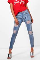 Boohoo Lula Mid Rise Lace Insert Skinny Jeans Blue