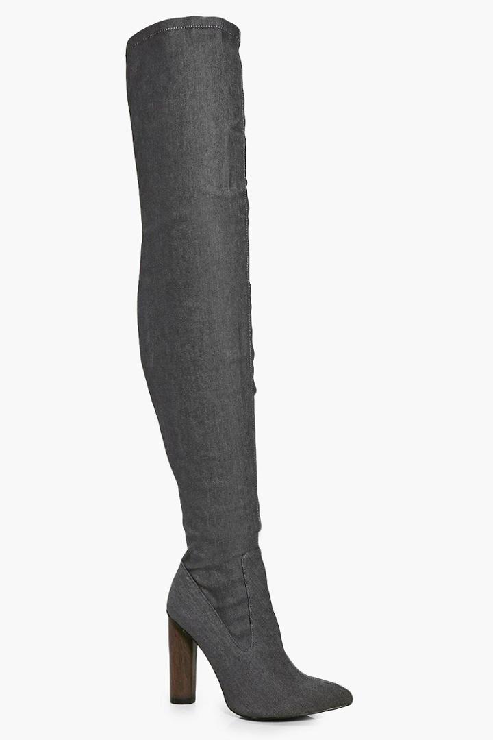 Boohoo Louise Denim Over The Knee Boot Grey