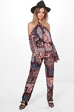 Boohoo Petite Lyla Mixed Print Halterneck Jumpsuit