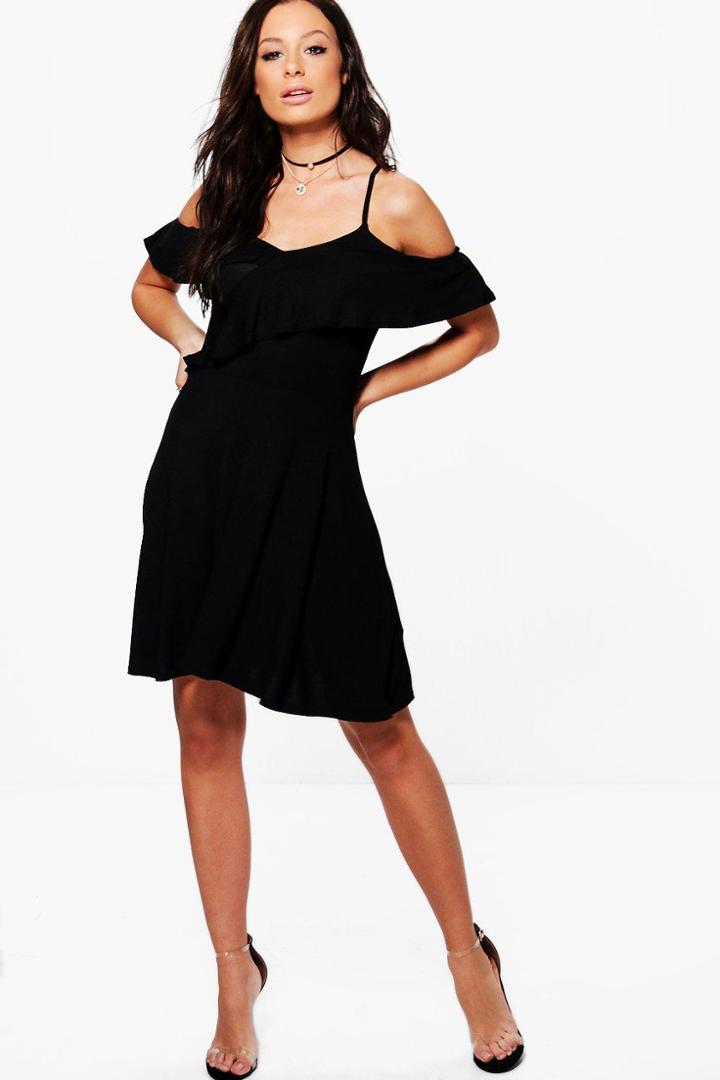 Boohoo Aisling Frill Cold Shoulder Skater Dress Black