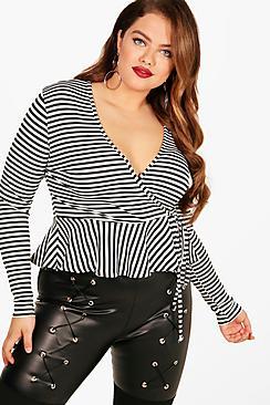 Boohoo Plus Amber Stripe Wrap Front Frill Top