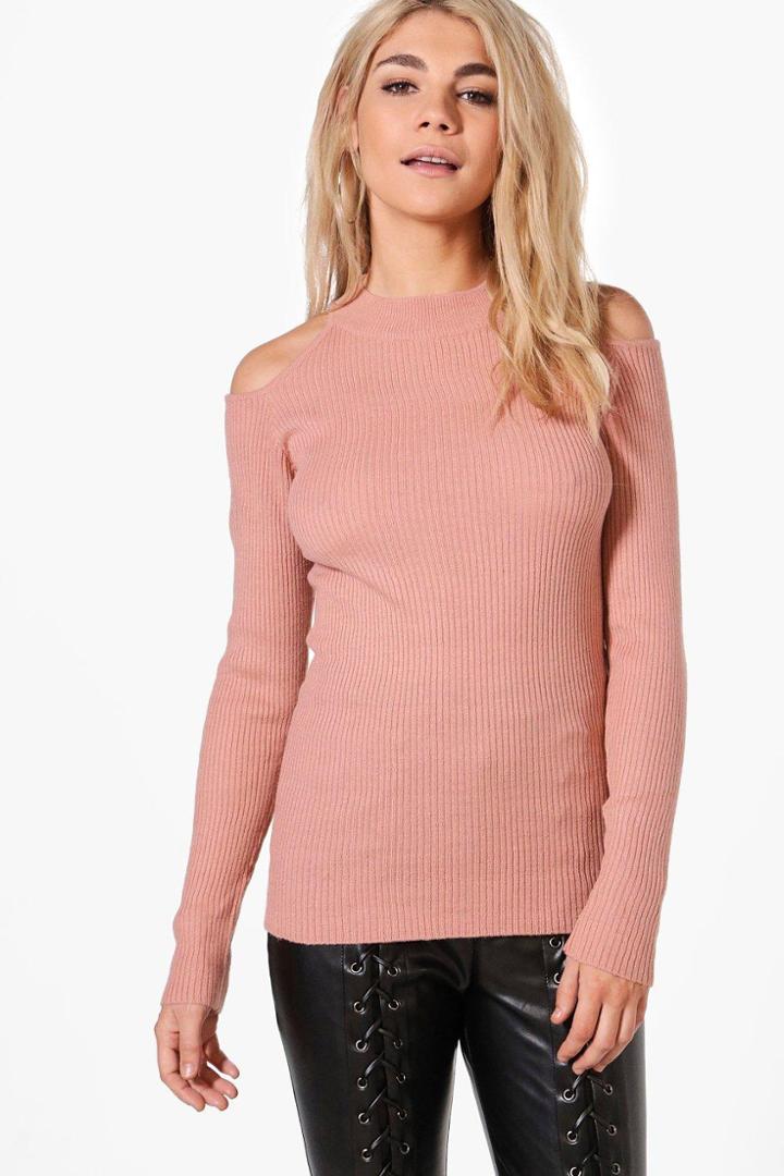 Boohoo Aimee Cold Shoulder Rib Jumper Pink