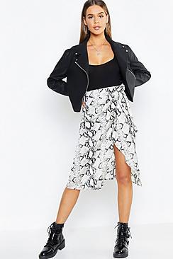 Boohoo Snake Print Tie Waist Wrapped Woven Skirt