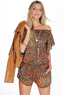 Boohoo Olivia Off The Shoulder Ruffle Paisley Playsuit