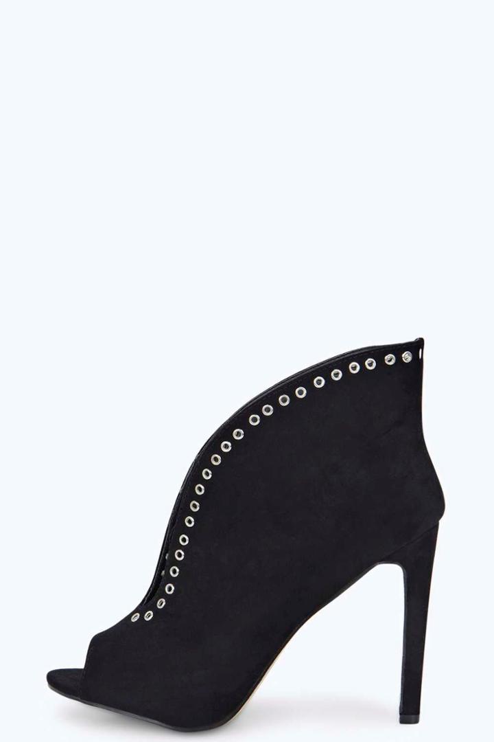 Boohoo Eva V Front Peep Toe Eyelet Suedette Shoe Boot Black
