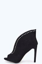Boohoo Eva V Front Peep Toe Eyelet Suedette Shoe Boot Black