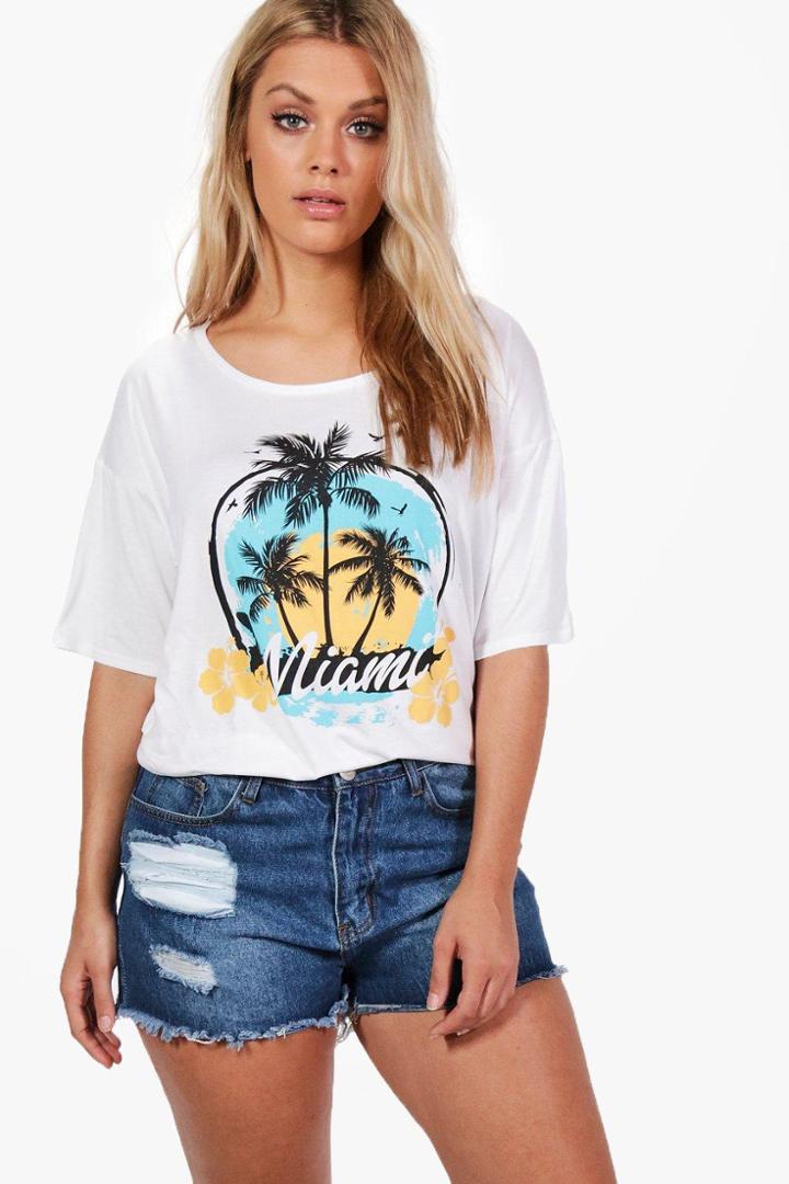 Boohoo Plus Nadia 'miami' Print T-shirt White