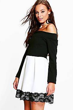 Boohoo Keira Contrast Off Shoulder Skater Dress