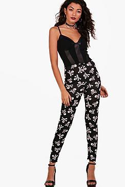 Boohoo Anya Halloween Skull & Cross Bone Print Legging