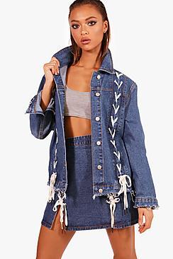Boohoo Lynne Lace-up Detail Oversize Denim Jacket