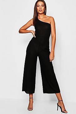 Boohoo Tall One Shoulder Rib Wide Leg Jumpsuit