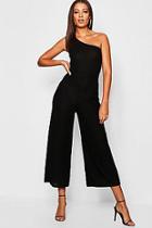 Boohoo Tall One Shoulder Rib Wide Leg Jumpsuit