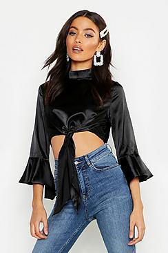 Boohoo Petite Satin High Neck Tie Front Blouse