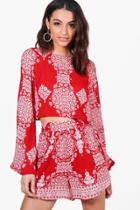 Boohoo Sonia Woven Boarder Print Crop & Shorts Co-ord Red