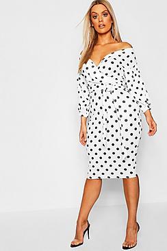 Boohoo Plus Spot Off Shoulder Wrap Midi Dress