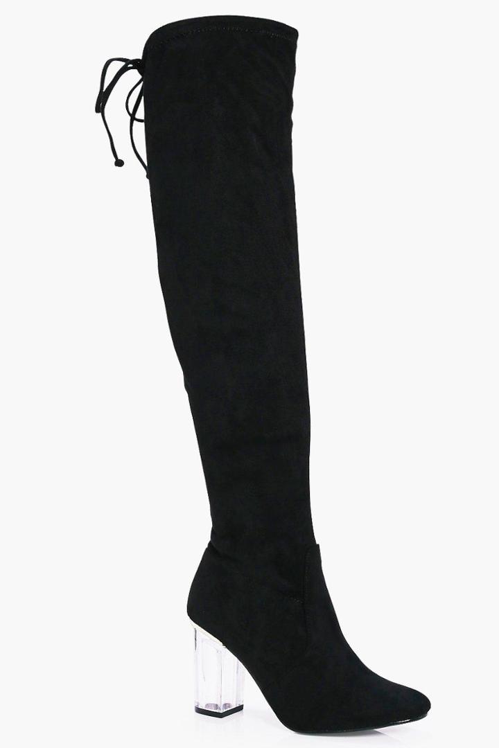 Boohoo Ivy Clear Block Heel Over The Knee Boot Black