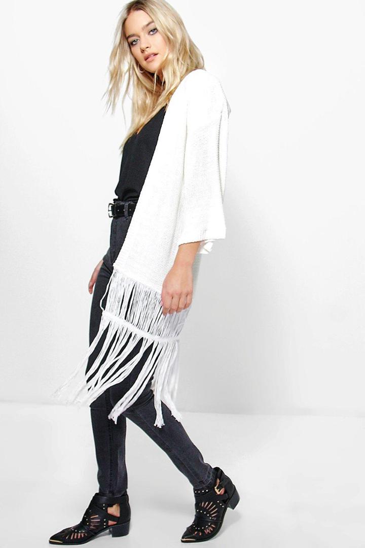 Boohoo Faye Edge To Edge Tassle Cardigan White