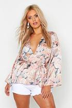 Boohoo Plus Paisley Floral Satin Wrap Tie Blouse