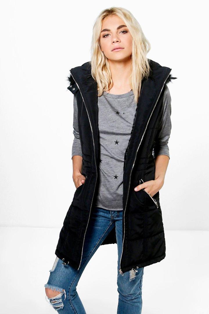 Boohoo Holly Quilted Longline Faux Fur Trim Hood Gilet Black