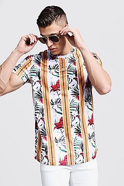 Boohoo Regular Jersey Retro Palm Print Curved Hem Stripe Tee
