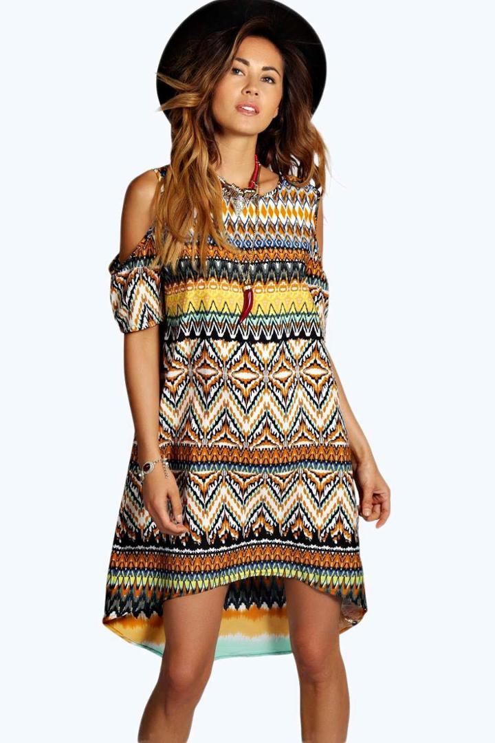 Boohoo Fallon Aztec Print Open Shoulder Shift Dress Multi