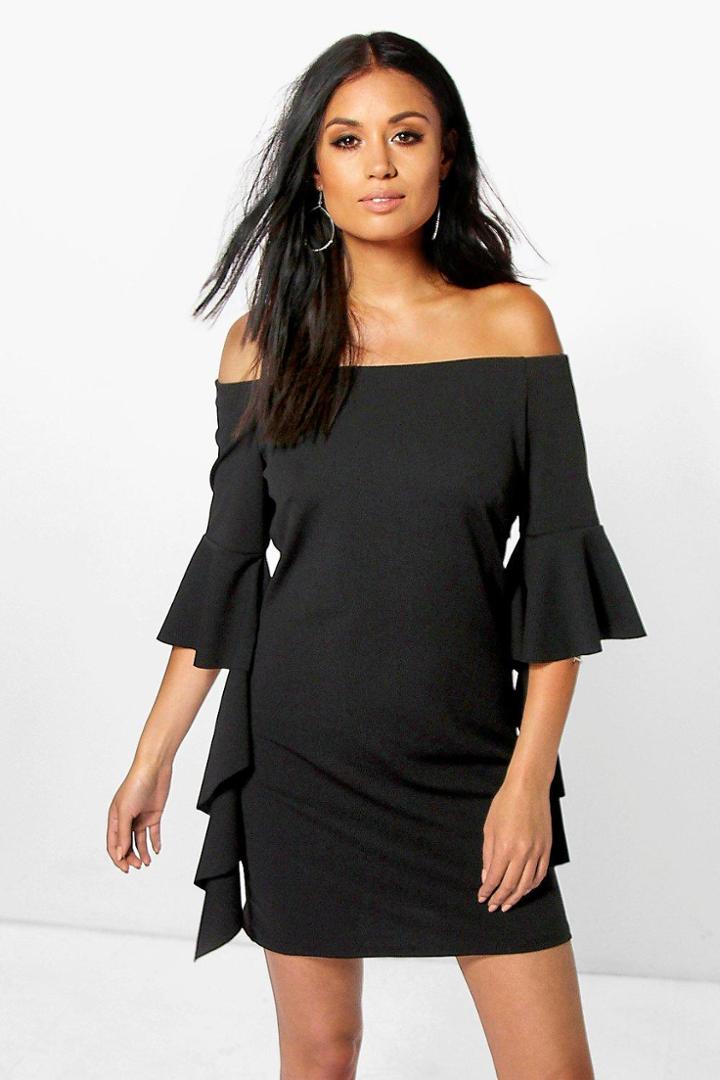 Boohoo Dolly Off The Shoulder Ruffle Sleeve Dress Black