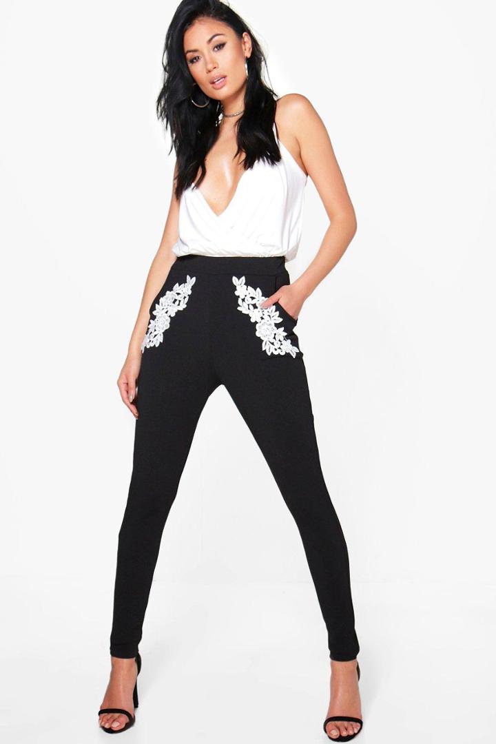 Boohoo Nuala Embroidered Side Skinny Stretch Trousers Black