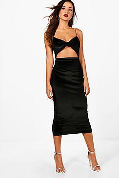 Boohoo Velvet Cut Out Bow Midi Dress