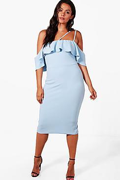 Boohoo Plus Elise Frill One Shoulder Detail Midi Dress