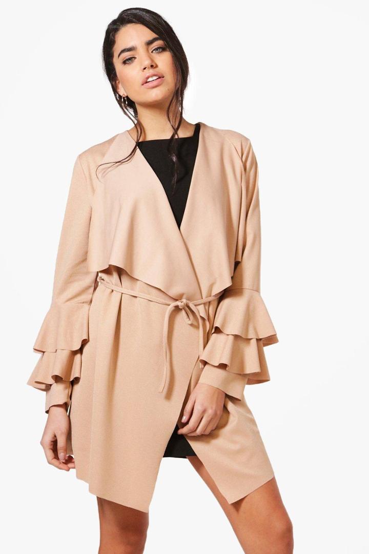 Boohoo Kate Ruffle Sleeve Belted Duster Stone