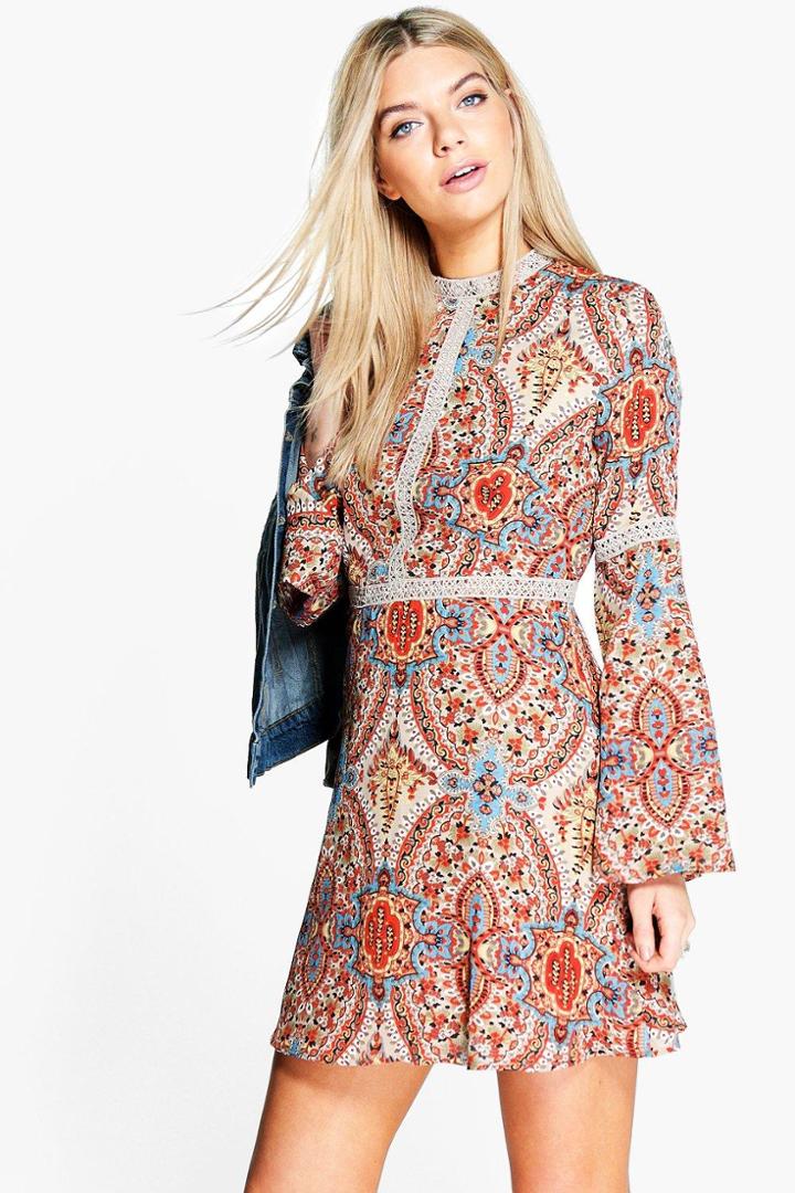 Boohoo Laura High Neck Paisley Skater Dress Mocha