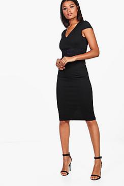 Boohoo Neva Lace Waist Cap Sleeve Midi Dress