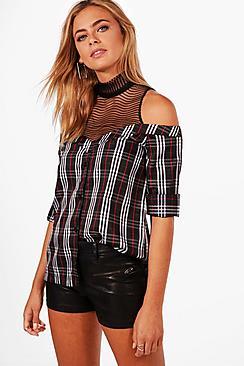 Boohoo Mesh Insert Off The Shoulder Shirt