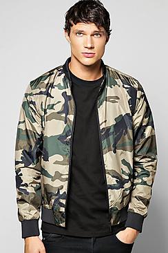 Boohoo Nylon Camo Bomber With Zip Pockets