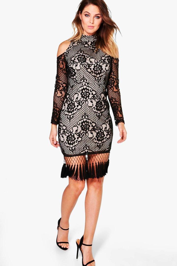 Boohoo Boutique Gigi Lace Tassle Hem Bodycon Dress Black