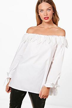 Boohoo Emma Crochet Woven Off The Shoulder Top