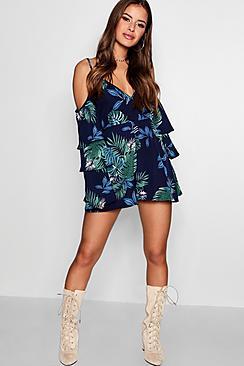 Boohoo Petite Cathy Palm Print Ruffle Sleeve Wrap Playsuit