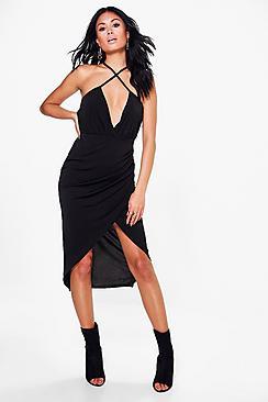 Boohoo Paige Strappy Wrap Rouche Midi Dress